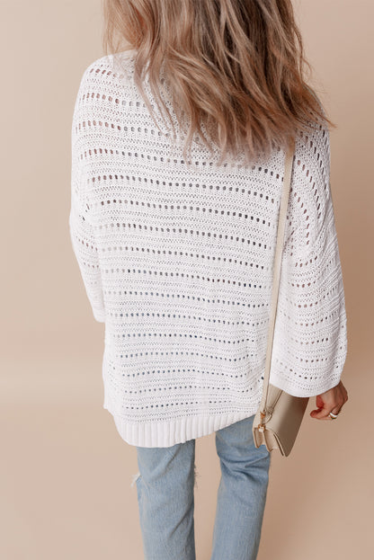 Pointelle Knit Bracelet Sleeve Open Cardigan | White