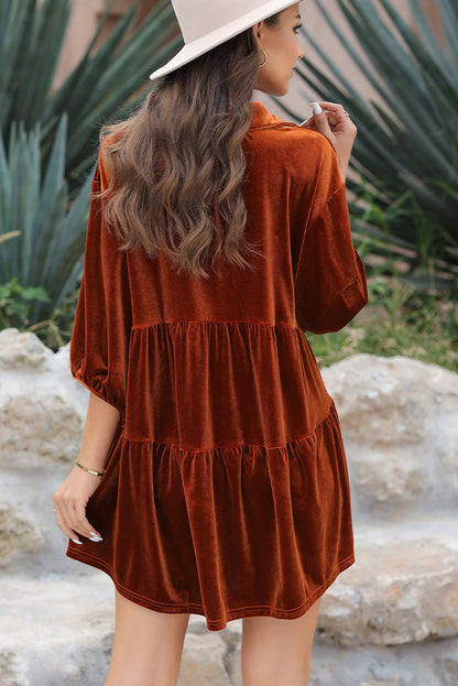 3/4 Sleeve Tunic Babydoll Velvet Shirt | Chestnut