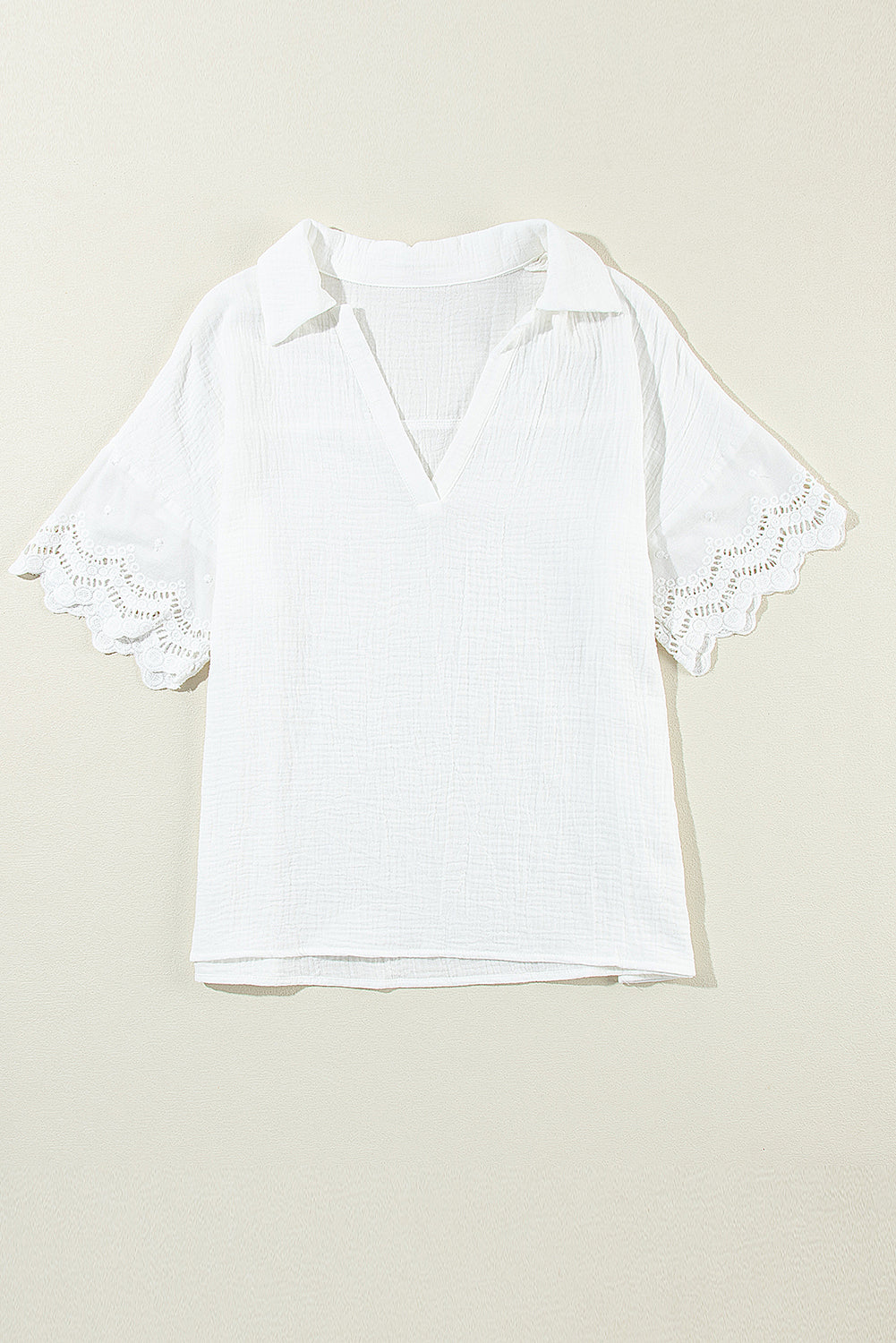 Crinkled Lace Splicing Sleeve Collared V Neck Blouse | White