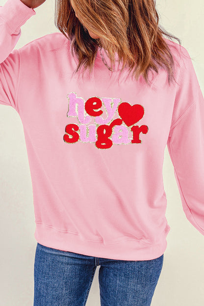 Chenille Heart Hey Sugar Patched Pattern Valentines Pullover Sweatshirt | Pink