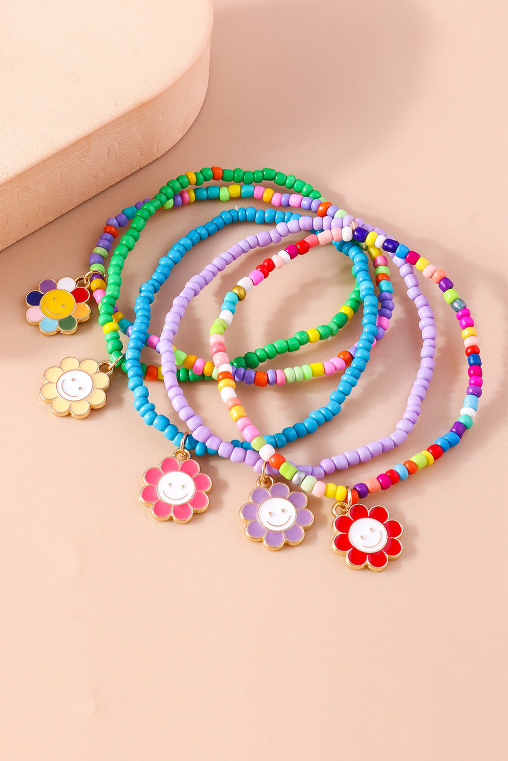 5Pcs Smiley Flower Pendant Beaded Bracelet Set | Light Blue