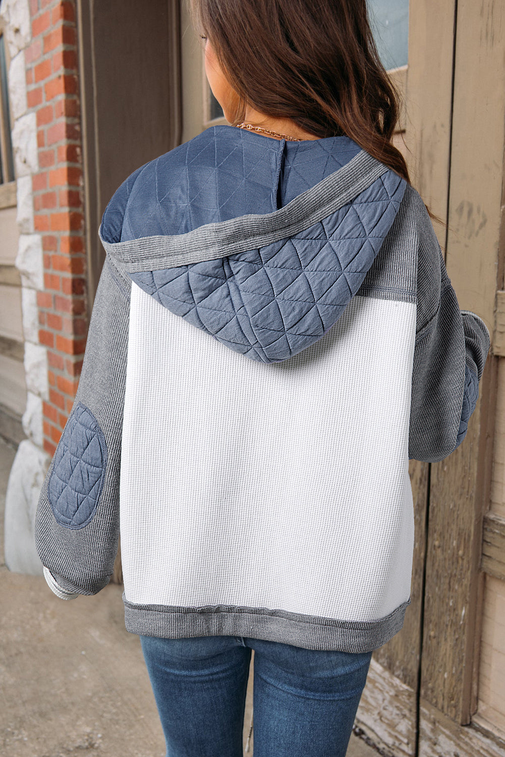 Quilted Textured Patchwork Loose Fit Hooded Jacket | Light Blue