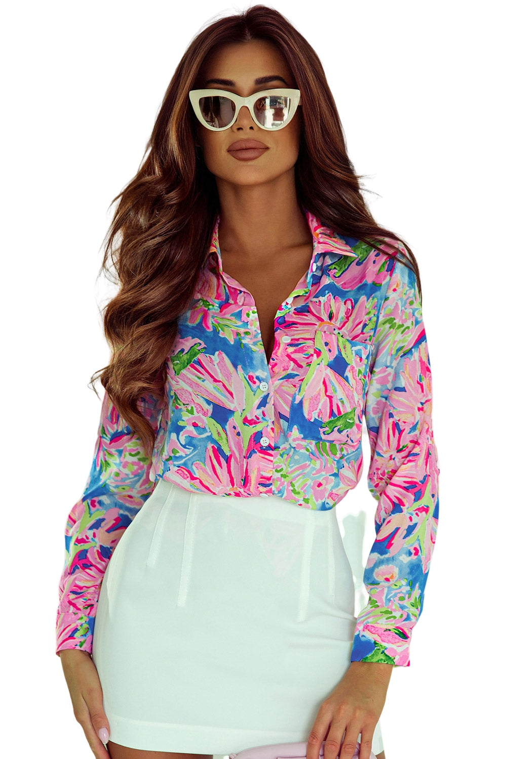 Abstract Floral Print Buttoned Sheath Long Sleeve Shirt | Pink