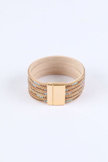 Full Diamond Leather Wide Plated Magnetic Buckle Bracelet | Gold