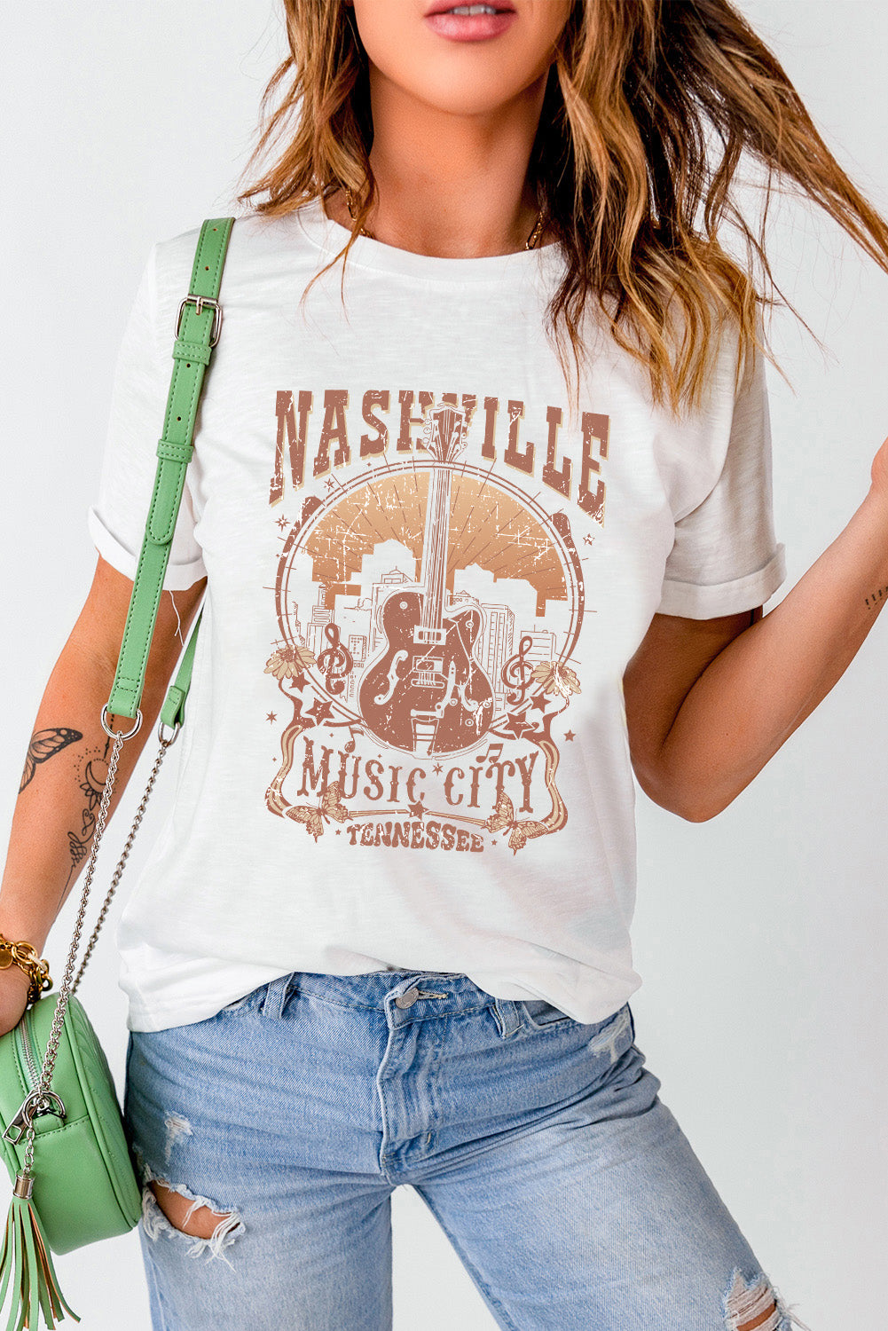 Vintage Nashville Music City Crewneck Graphic T Shirt | White