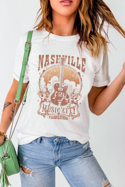 Vintage Nashville Music City Crewneck Graphic T Shirt | White