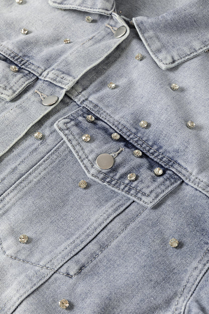 Rhinestone Embellished Flap Pocket Denim Jacket | Dusk Blue