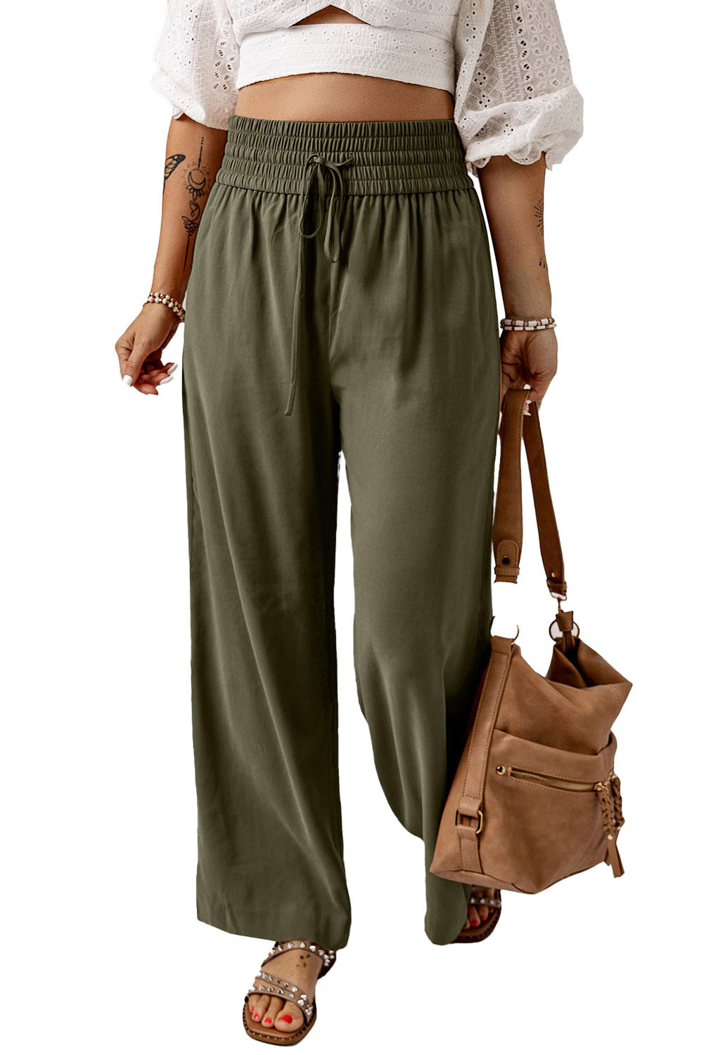 Brown Drawstring Elastic Waist Casual Wide Leg Pants | Green