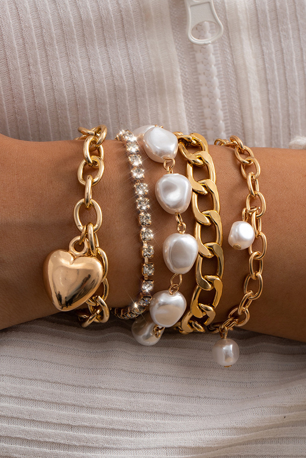 Heart Pendant Pearl Rhinestone Chain Bracelet Set | Gold