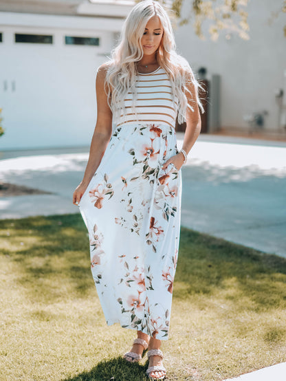 Striped Floral Print Sleeveless Maxi Dress With Pocket | White