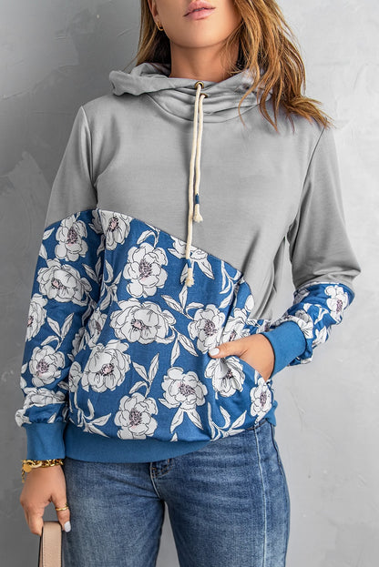 Floral Splicing Cowl Neck Hoodie | Gray