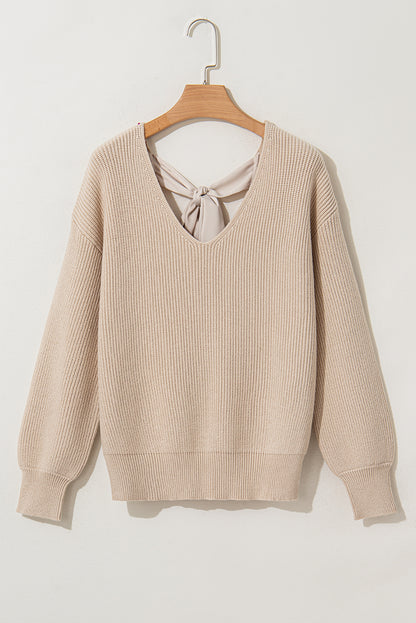 Lantern Sleeve V Neck Knot Back Sweater | Apricot