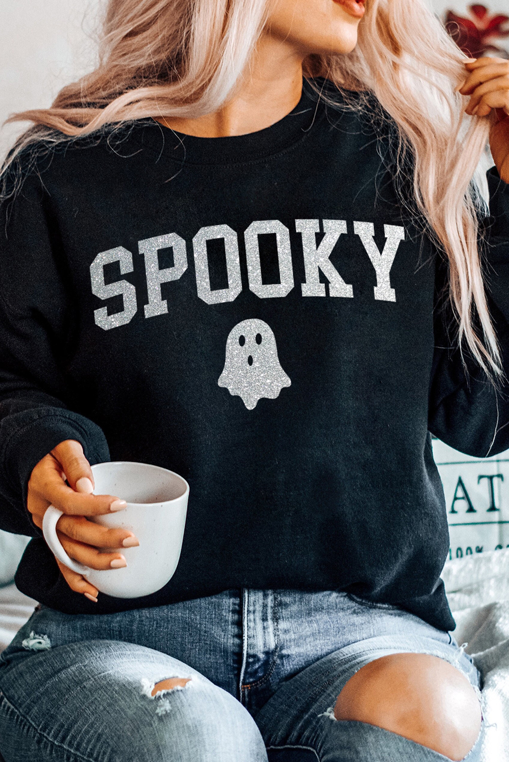 Black Glitter SPOOKY Ghost Pattern Crew Neck Halloween Sweatshirt