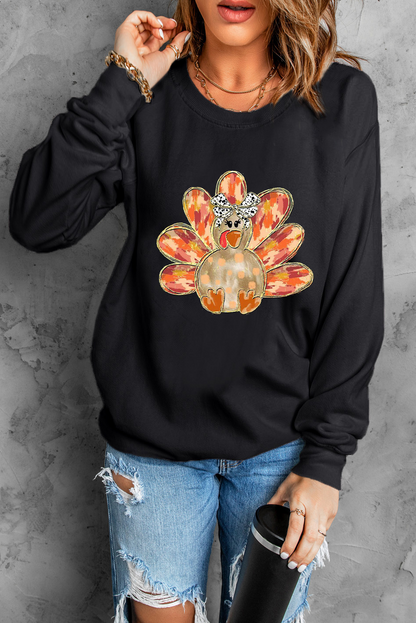 Thanksgiving Turkey Graphic Drop Shoulder Sweatshirt | Black