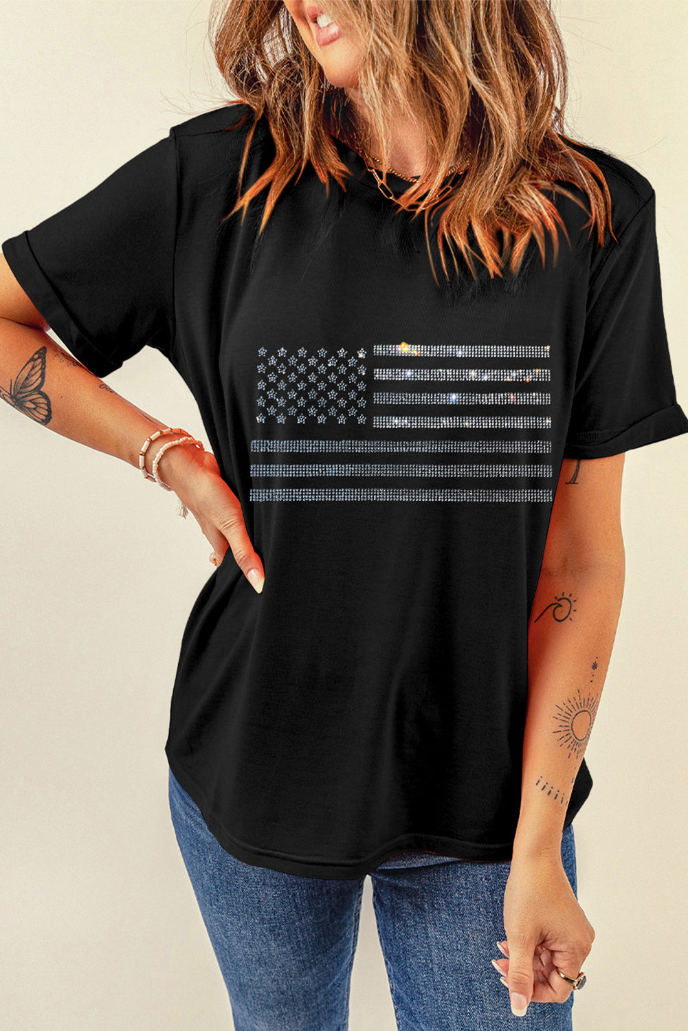 Glittering Rhinestone American Flag Pattern T Shirt | Black