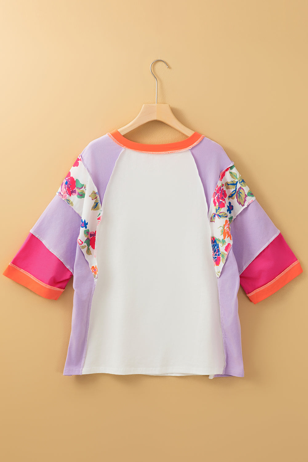 Floral Colour Block Patchwork 3/4 Sleeve Casual Blouse | Sachet Pink