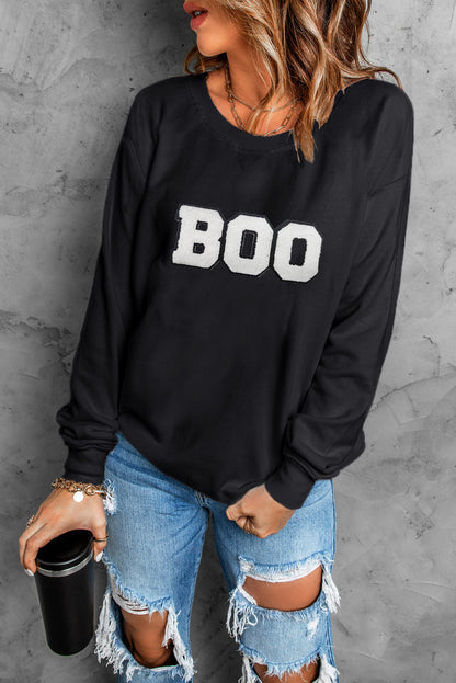 Chenille Boo Patched Pattern Crewneck Halloween Sweatshirt | Black