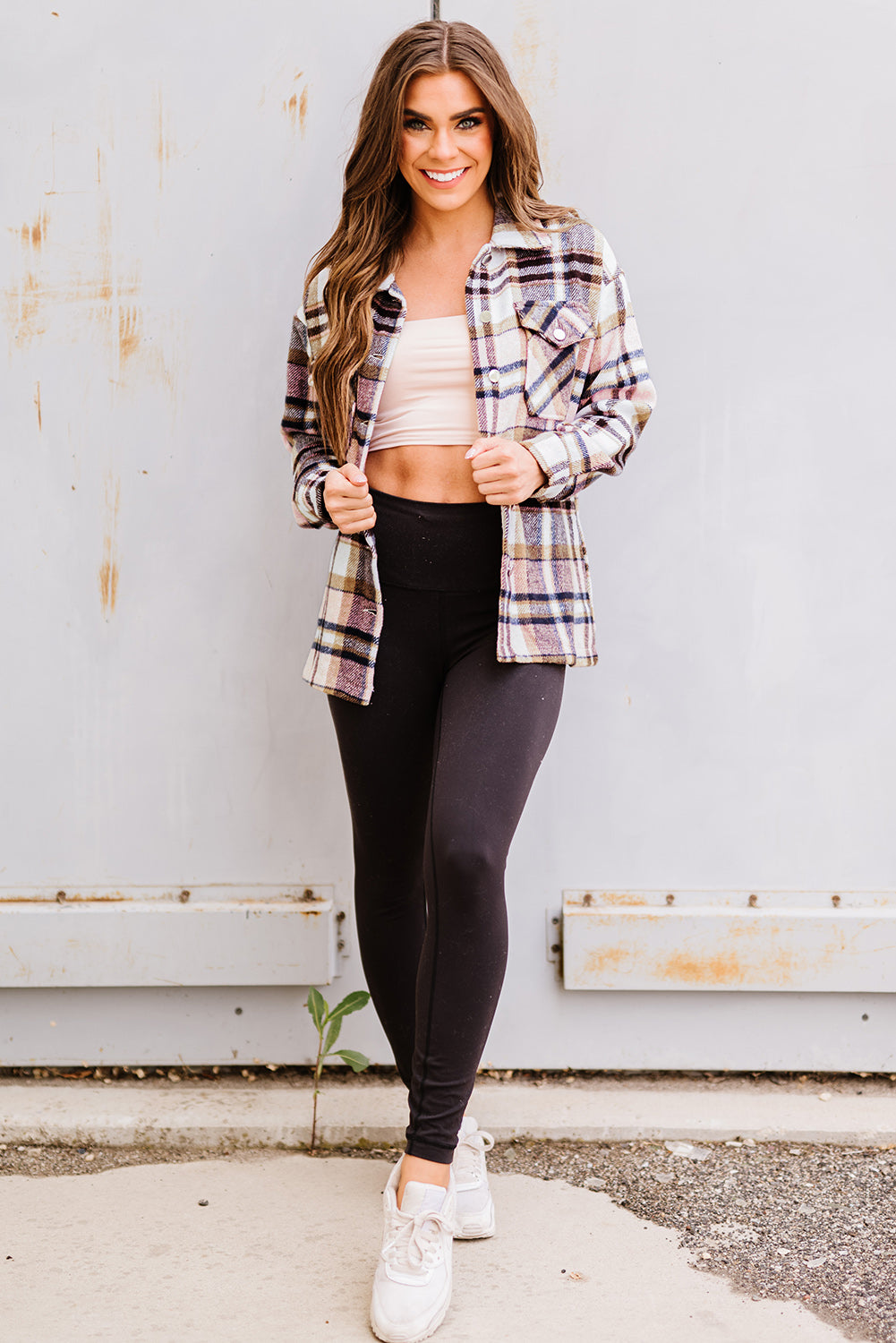 Geometric Plaid Print Pocketed Shacket | Pink