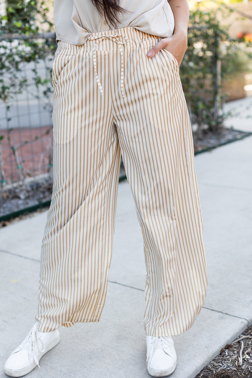 Print Wide Leg Drawstring Pants | Khaki Stripe