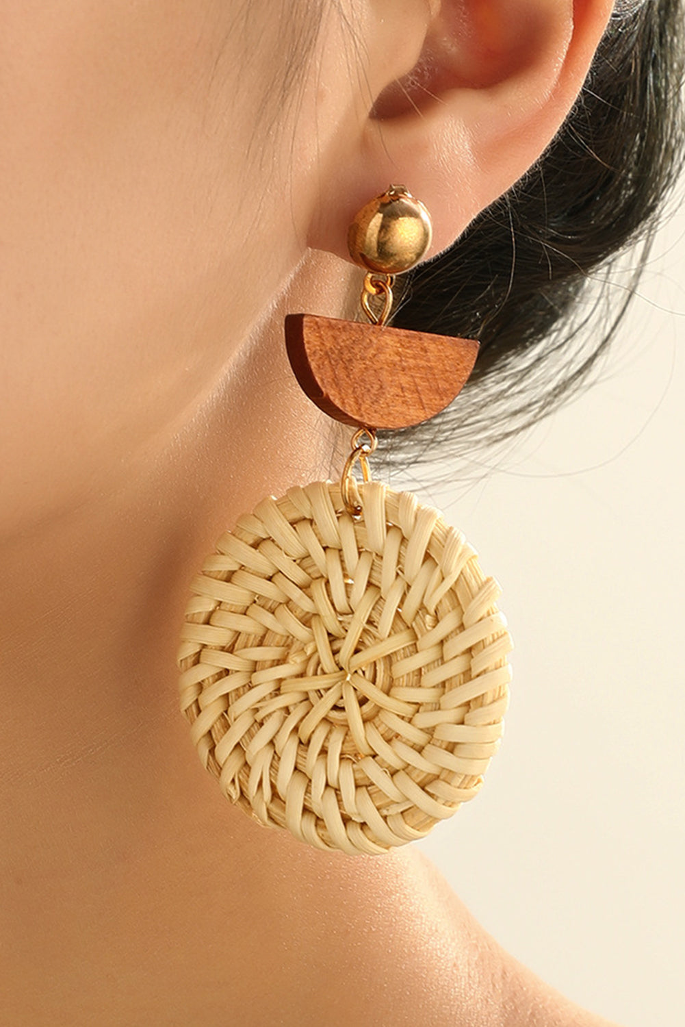 Wooden Woven Disc Dangle Earrings | Beige