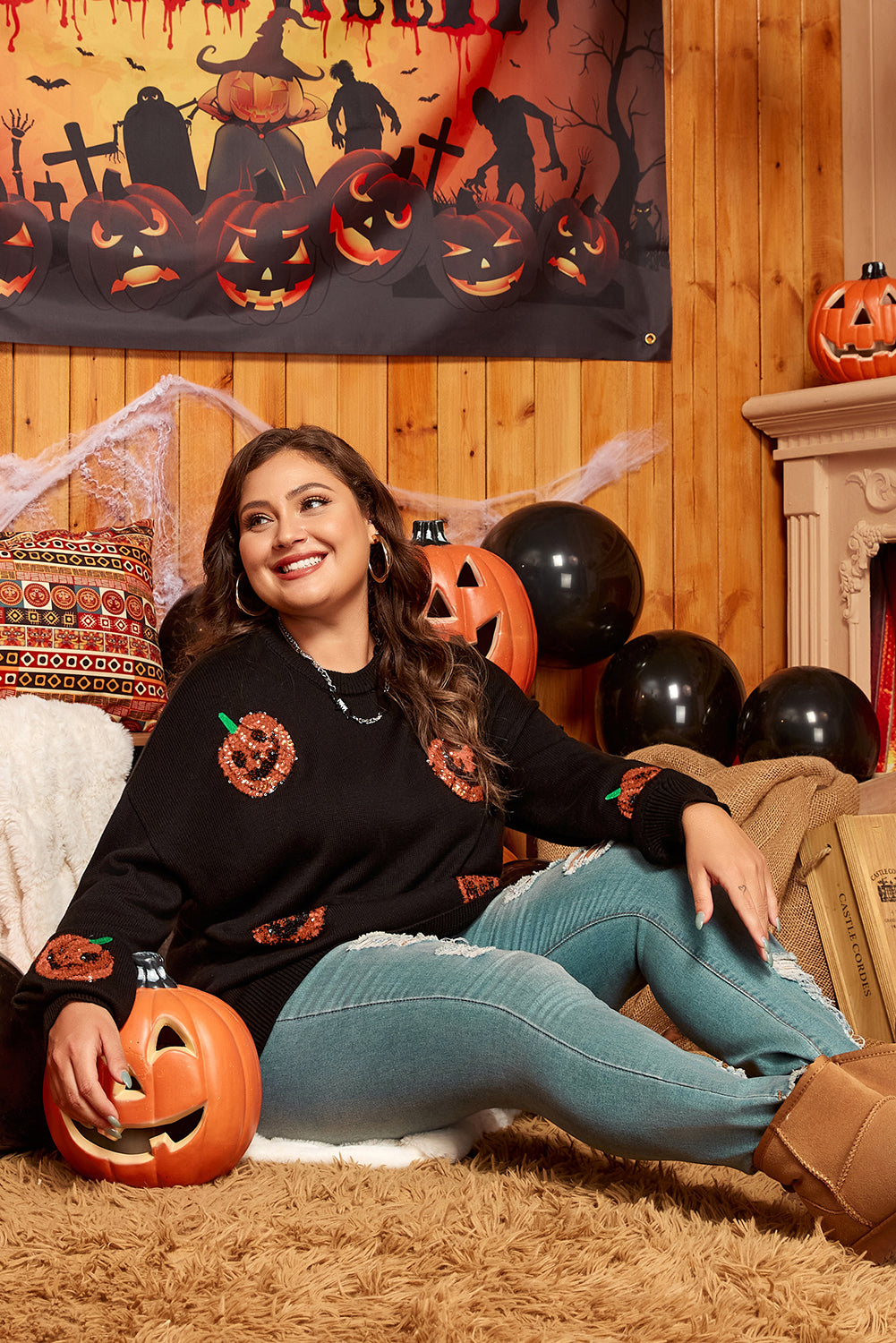 Plus Size Halloween Sequined Pumpkin Pattern Sweater | Black