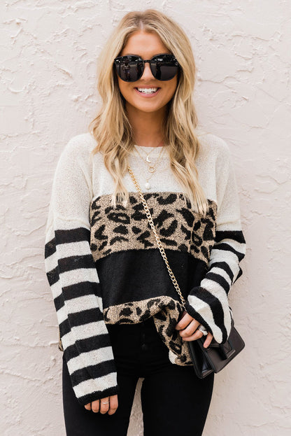 Slouchy Drop-Shoulder Leopard Striped Colourblock Sweater | White