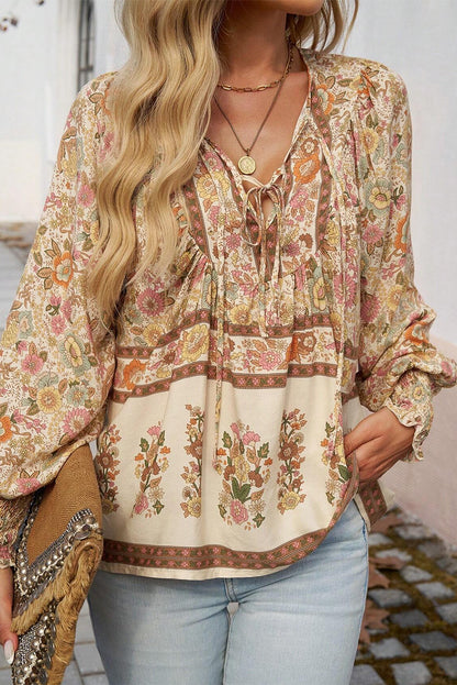 Floral Print Tie Neck Lantern Sleeve Blouse | Yellow