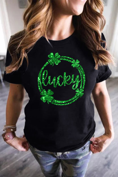 St Patrick Sequin Lucky Clover Print Short Sleeve T-Shirt | Black