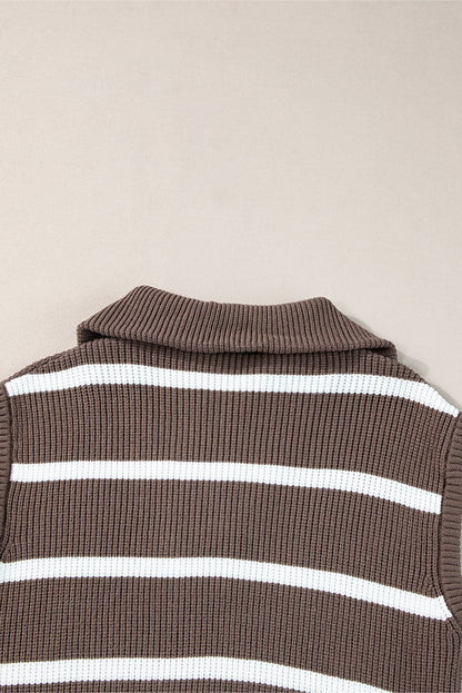 Zipped Collar Cap Sleeve Knit Top | Brown Stripe