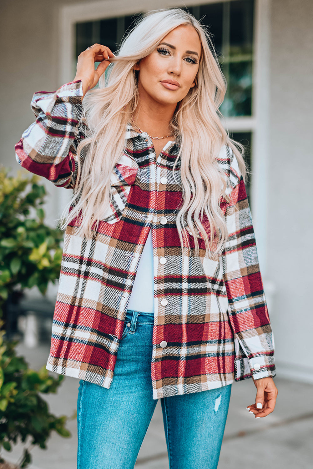 Fiery  Geometric Plaid Print Pocketed Shacket | Red