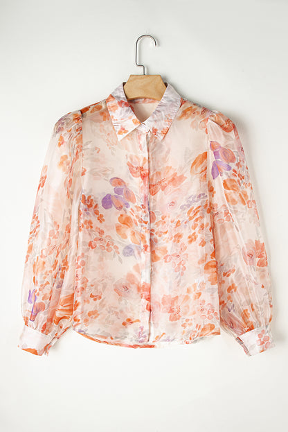 Floral Print Collared Balloon Sleeve Loose Shirt | White