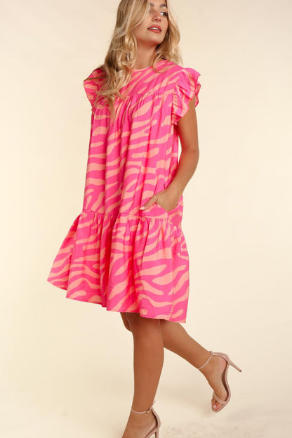 Zebra Stripe Printed Ruffle Trim Pocketed Dress | Pink