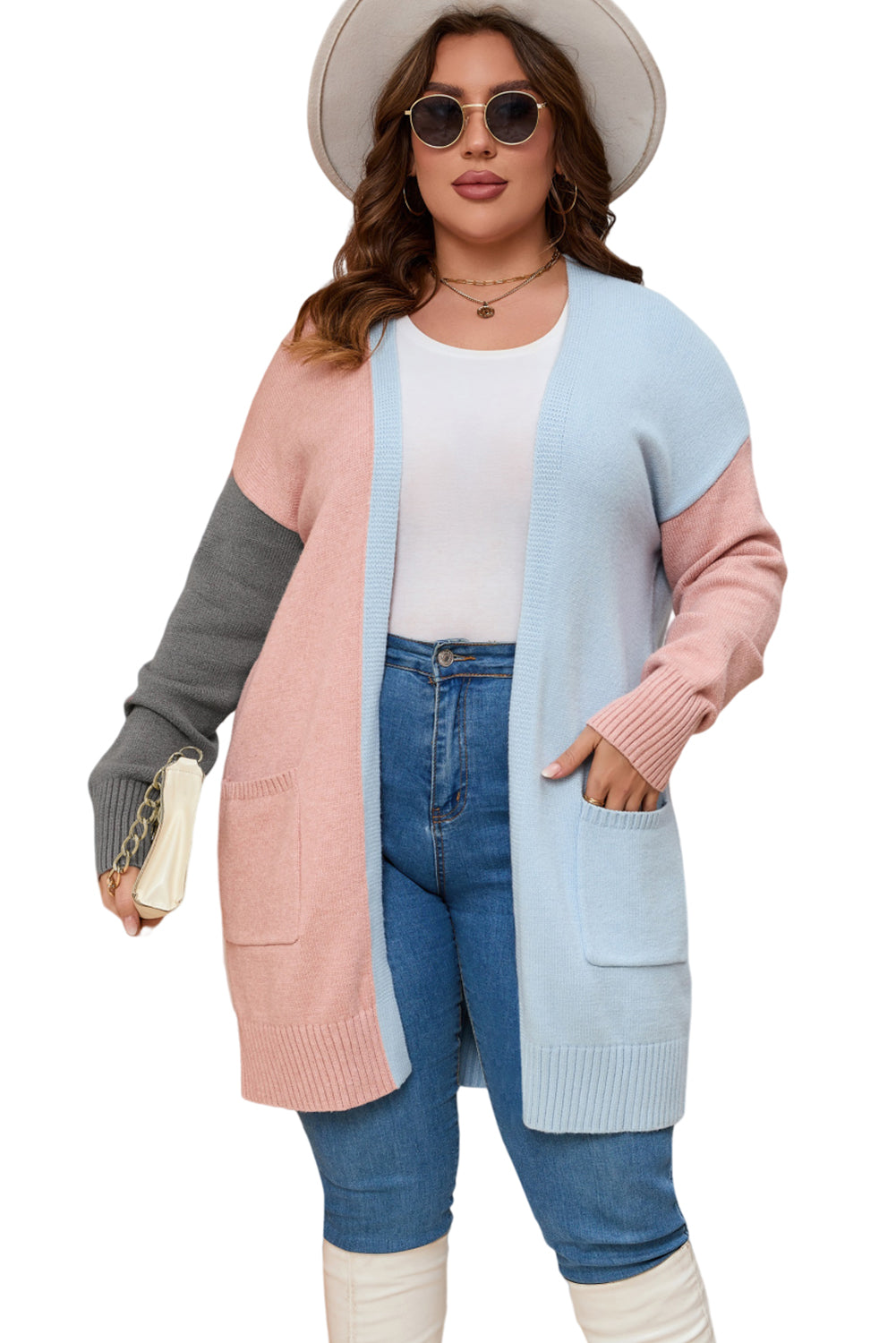 Plus Size Colourblock Pocketed Open Front Cardigan | Multicolour