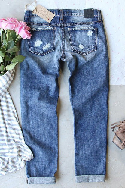 Valentines Day Heart Patchwork Distressed Jeans | Sky Blue