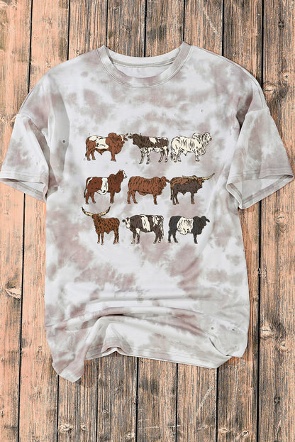 Western Cattle Tie Dye Print O Neck Oversized Tee | White