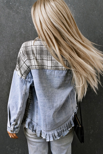 Plaid Patchwork Fringed Flap Pockets Denim Jacket | Sky Blue