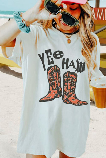 Yee Haw Cowboy Boots Graphic Vintage Western Oversized Tee | White