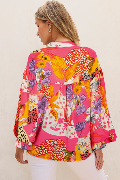 Abstract Floral Print Buttoned Ruffled Bubble Sleeve Shirt | Red