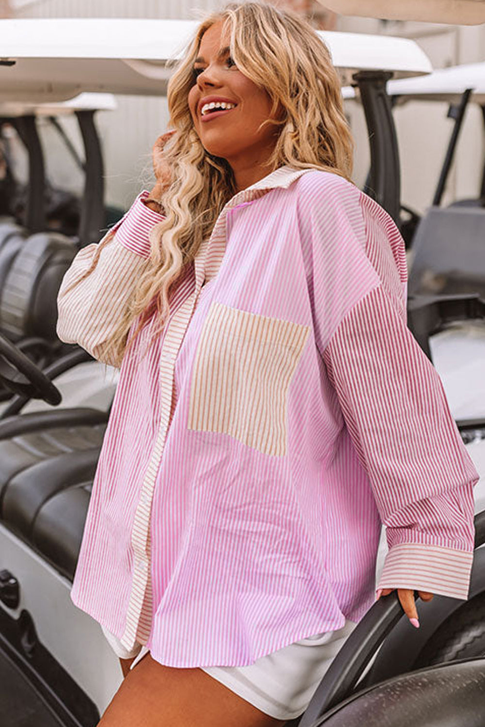 Print Colourblock Plus Size Shirt | Pink Stripe