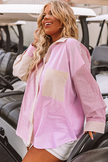 Print Colourblock Plus Size Shirt | Pink Stripe