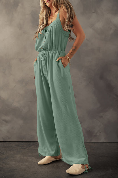 Knotted Straps Button Textured Drawstring Jumpsuit | Moss Green