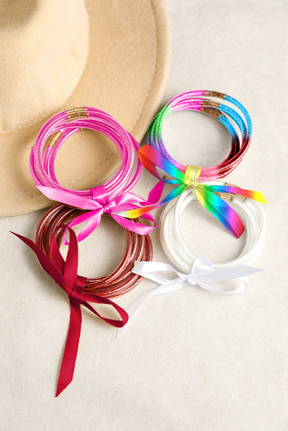 5Pcs Glitter Jelly Bow Knot Ribbon Bracelet Set | Pink