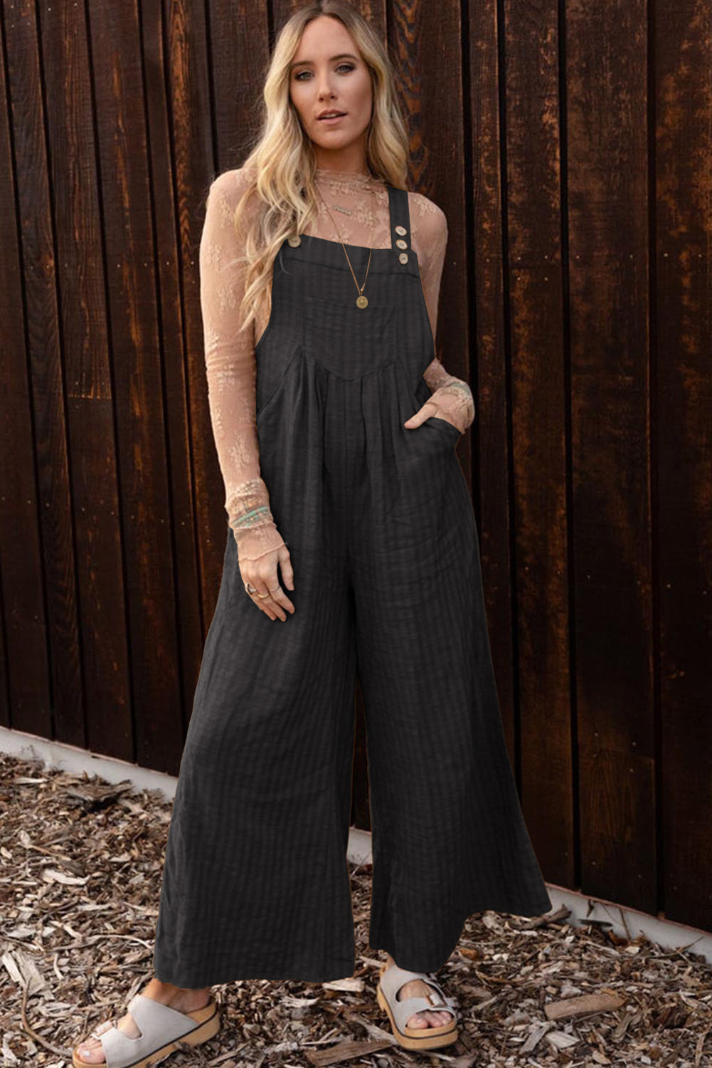 Striped Pleated Wide Leg Pocketed Jumpsuit | Black