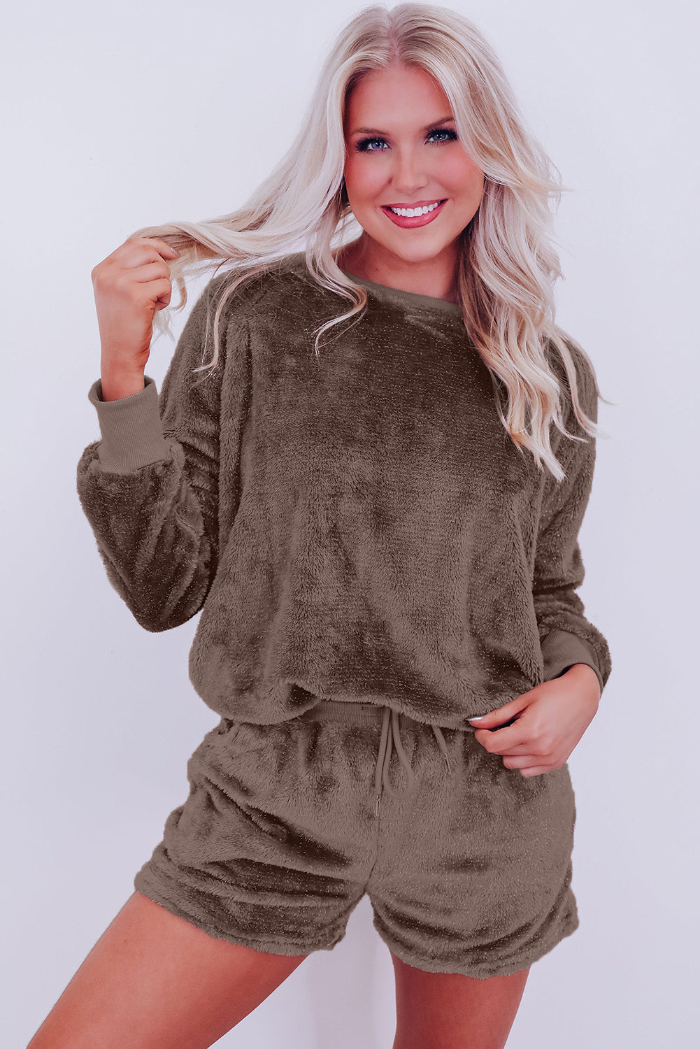 Solid Loose Fit Two Piece Fleece Lounge Set | Coffee