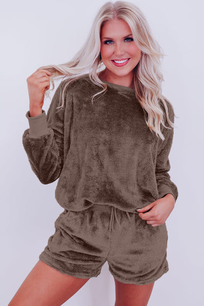 Solid Loose Fit Two Piece Fleece Lounge Set | Coffee