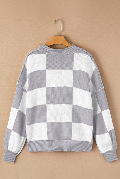 Gray Checkered Bishop Sleeve Sweater | Gray Stripe