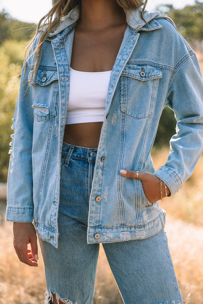 Button Closure Ripped Hooded Denim Jacket | Sky Blue