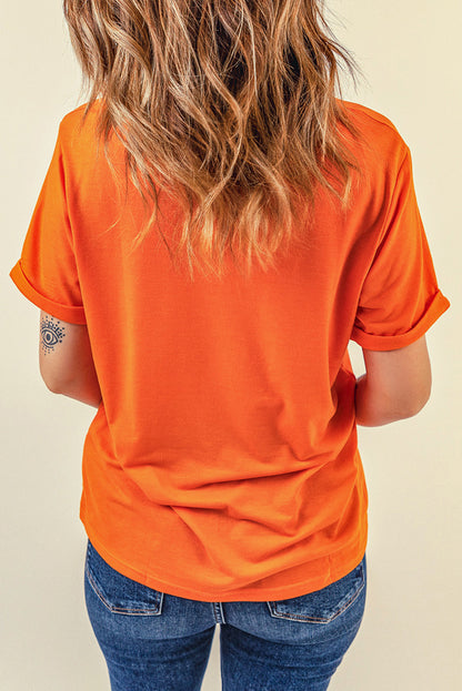 Thanksgiving Pumpkin Pattern Crew Neck Short Sleeve Top | Orange