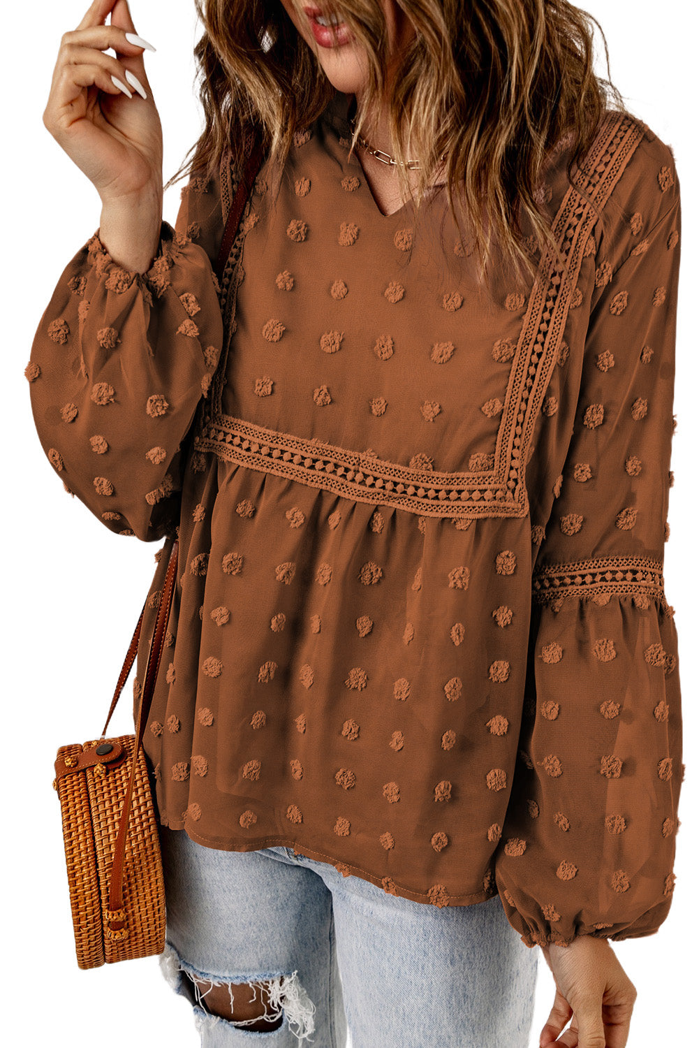 Brown Swiss Dot Split Neck Ruffle Babydoll Blouse | Orange