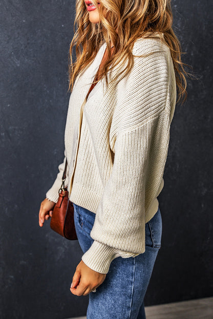 Plain Knitted Buttoned V Neck Cardigan | Beige